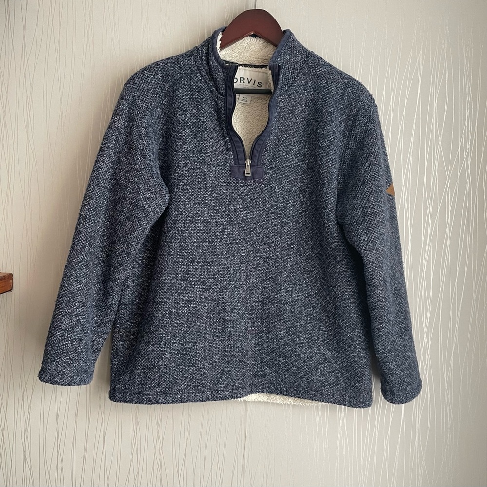 Orvis Sweater 1/4 Zip Sherpa Lined Blue - Men Size Medium